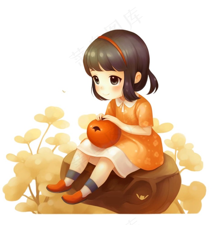 抱着南瓜的小女孩可爱卡通插画免抠(1024x1088)