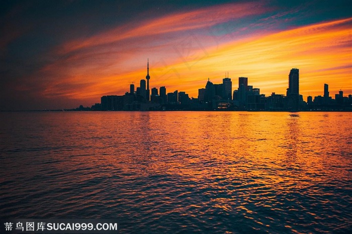 黄昏日落城市江景倒影