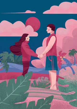 卡通温馨浪漫2月14七夕520情侣拥抱情人节主题插画海报PSD素材