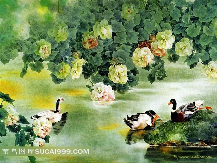 工笔花鸟鸭子鲜花