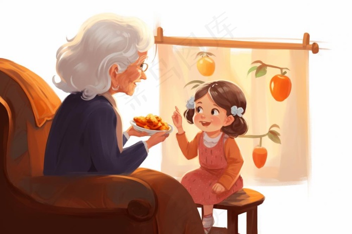奶奶孙女品尝美食陪伴欢乐插画素材背景(1344x896)