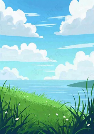 海边蓝天白云草地小花，春天清新海景