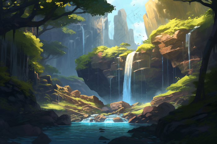 森林瀑布河流场景插画背景(4032x2688)