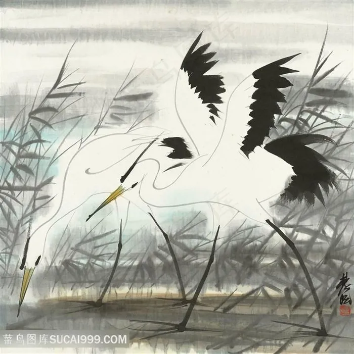 林风眠水墨仙鹤风景画