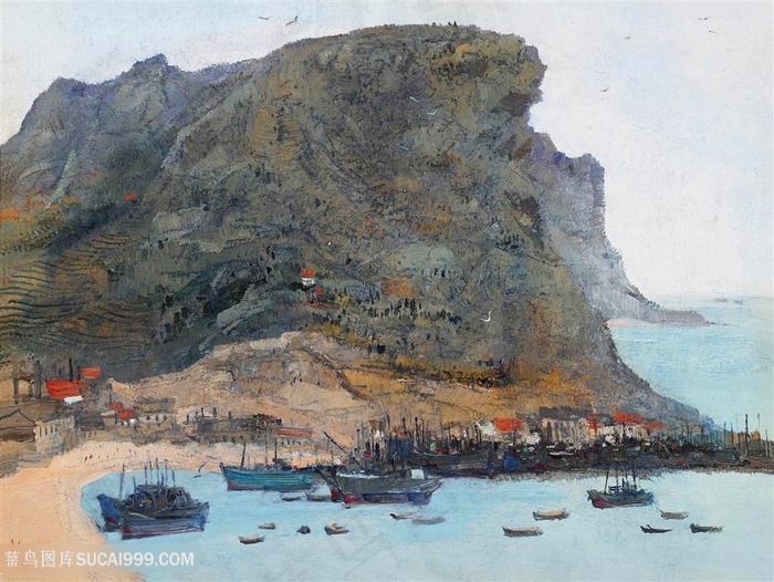 吴冠中手绘水彩山脉风景画