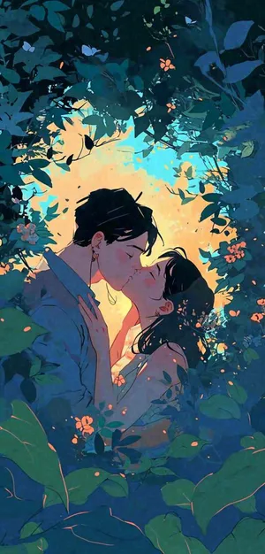 森林花丛里情侣拥抱亲吻爱情手绘插画，情人节