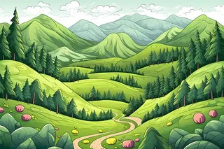 春夏森林山峰草地插画海报素材背景