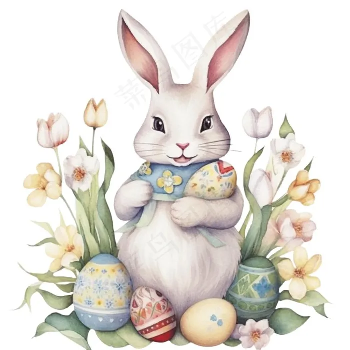 白兔花丛中插画免抠(1024x1024)
