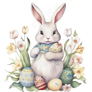 白兔花丛中插画免抠