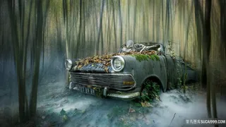 树林中废弃的汽车图片