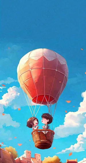 游玩旅行城市卡通热气球，欢乐儿童节