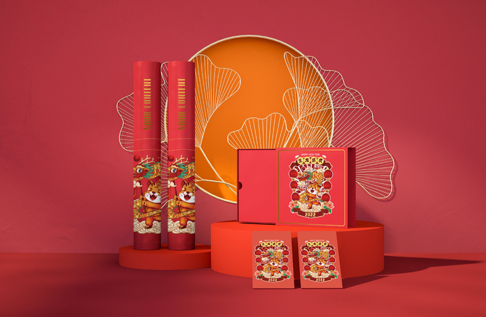2022年虎年新年春节礼盒场景样机