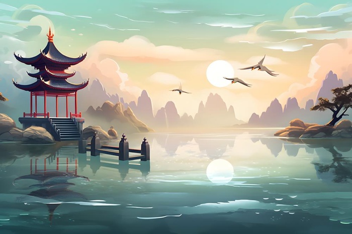 国潮中国山水建筑温馨插画背景