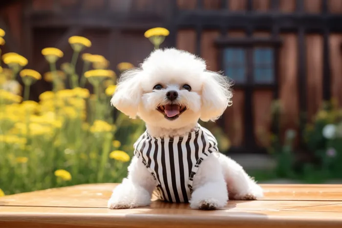 a small white dog sitting on top of a wooden table, a portrait by Daniel Gelon, unsplash, baroque, small dog, sunny weather, bright sunny day (4032x2688)