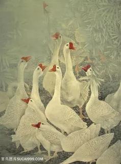 鹅群唯美中式装饰画