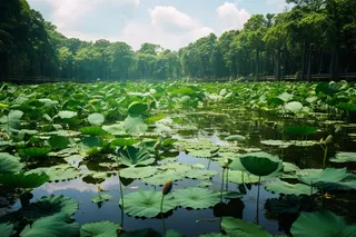 夏天池塘湖泊荷叶荷花绿植摄影图