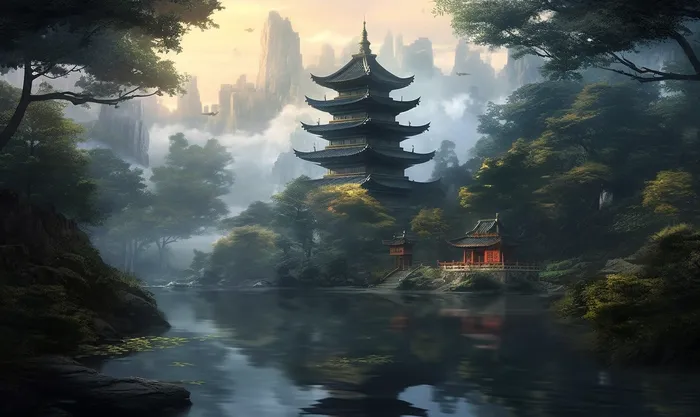 宝塔倒映在树木旁边的水中的山景(4272x2544)