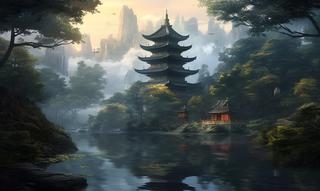 宝塔倒映在树木旁边的水中的山景