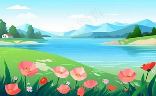 乡村村庄美丽风景河流插画农田插画背景