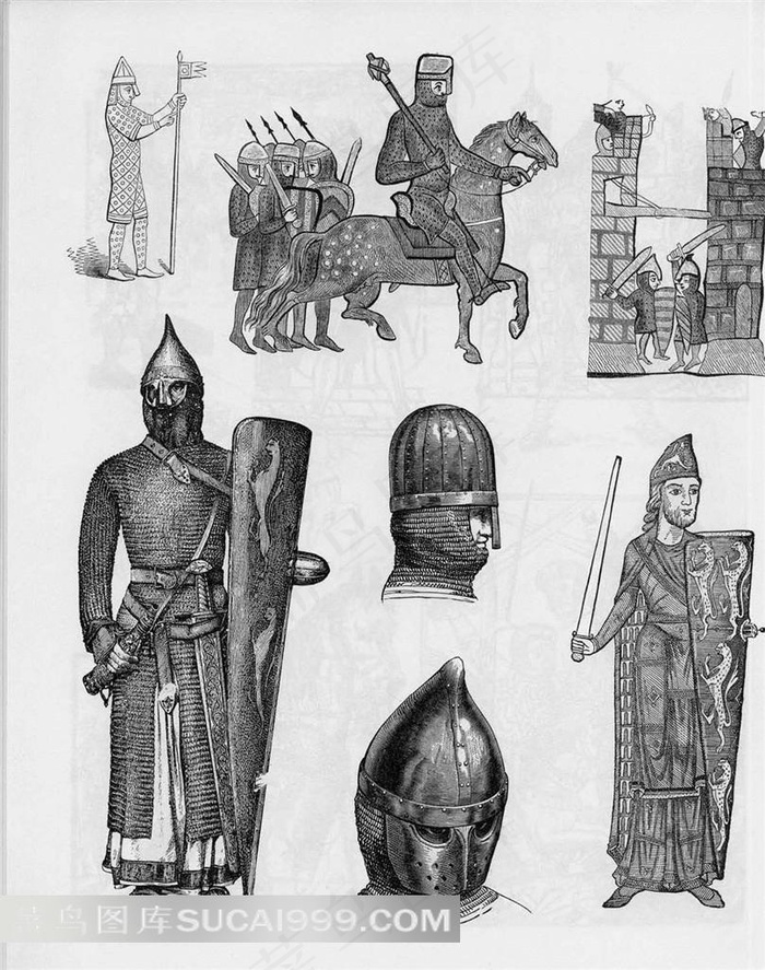 手绘铠甲武士盾牌头盔高清素材