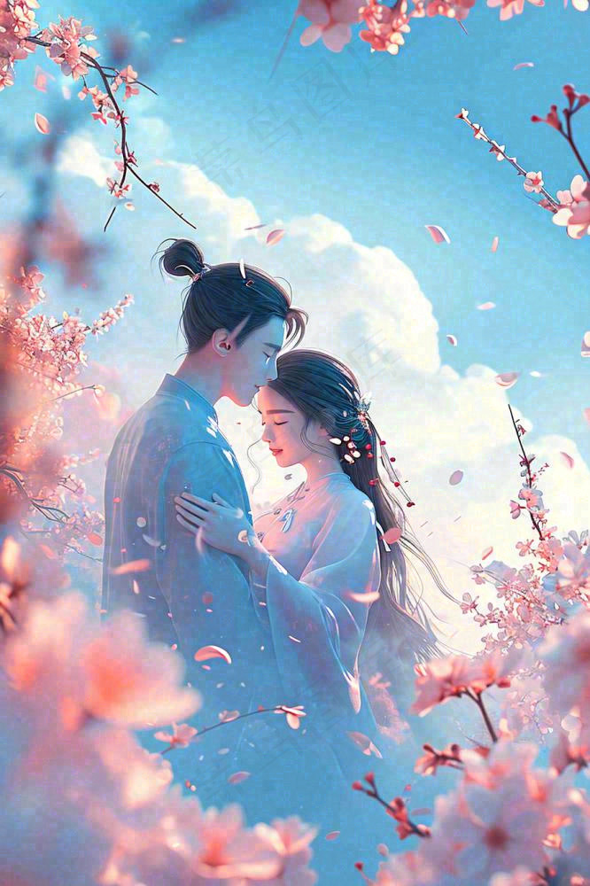 爱情情侣拥抱情人节浪漫粉色花朵，蓝天白云(896x1344)
