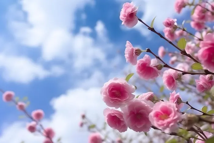 蓝天白云粉色树枝花朵樱花摄影海报素材背景(5376x3584)
