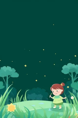 绿色少儿女孩草地手绘背景