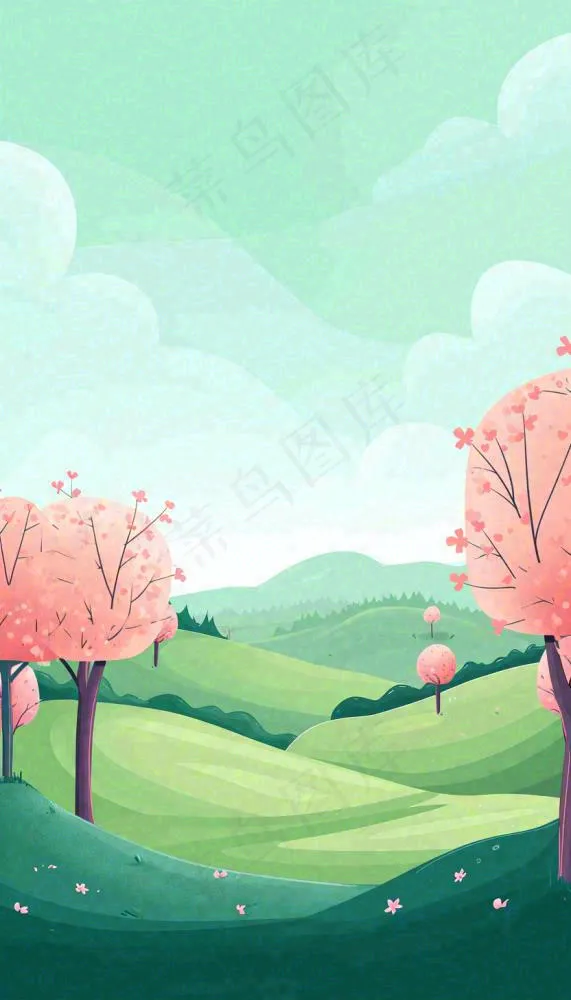 春天卡通手绘绿色的山景和开满粉红色画的树，春游，踏青，春分(832x1456)