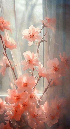 春天窗台粉色渐变鲜花，枝叶，春节立春