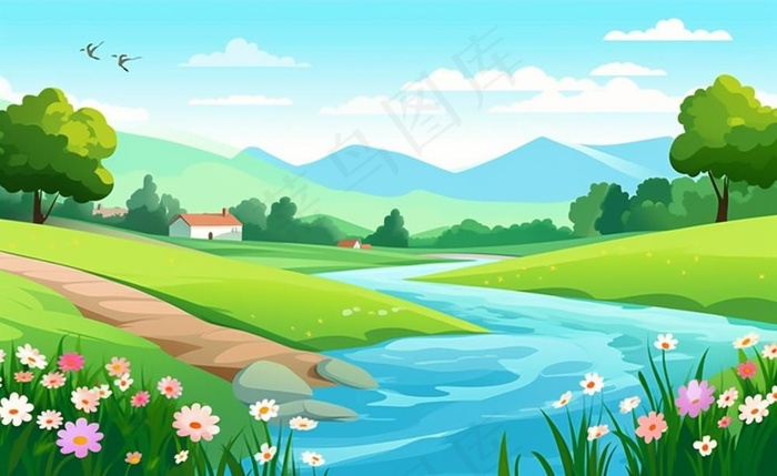 乡村村庄美丽风景河流插画农田插画背景(1408x864)