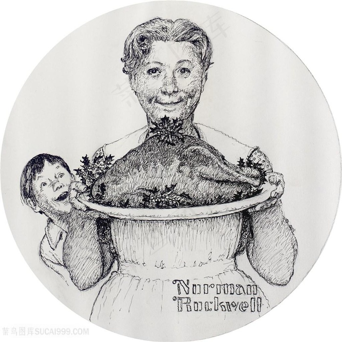 诺曼 · 洛克威尔手绘火鸡妇女素描装饰画