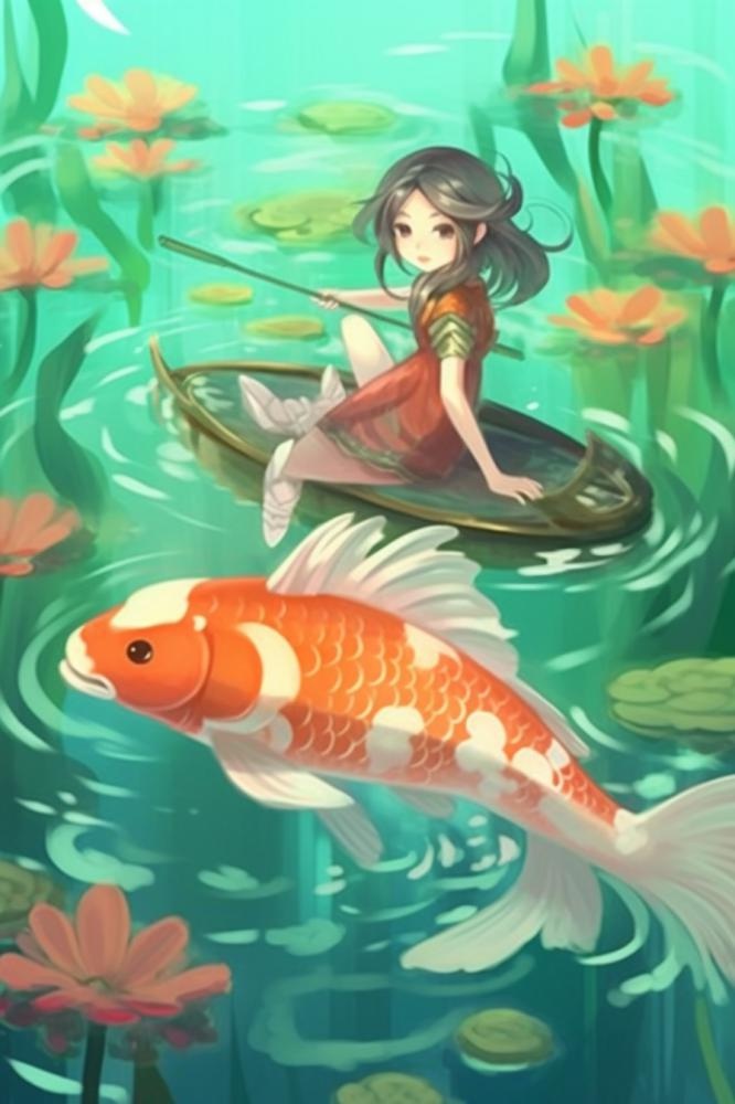 湖水水草金鱼女孩插画背景(896x1344)