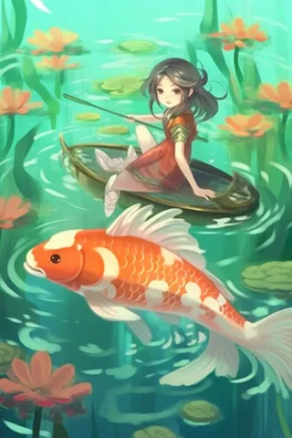 湖水水草金鱼女孩插画背景