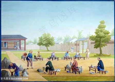 古代瓷器工坊集市贸易场景绘画图片