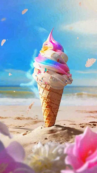 夏天沙滩海边雪糕清爽美食冰淇淋，夏至小暑大暑