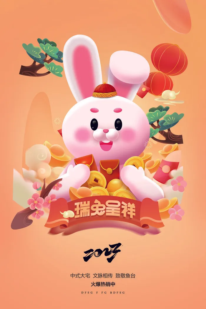 2023兔年新年春节海报psd模版下载