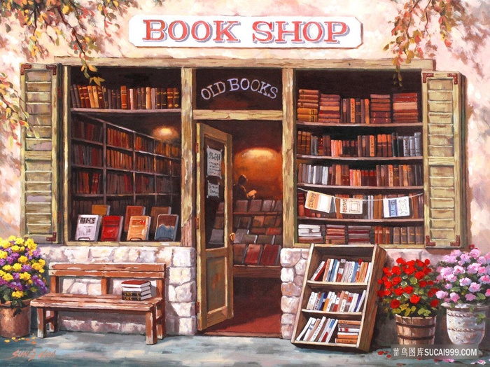 书店唯美油画风景画