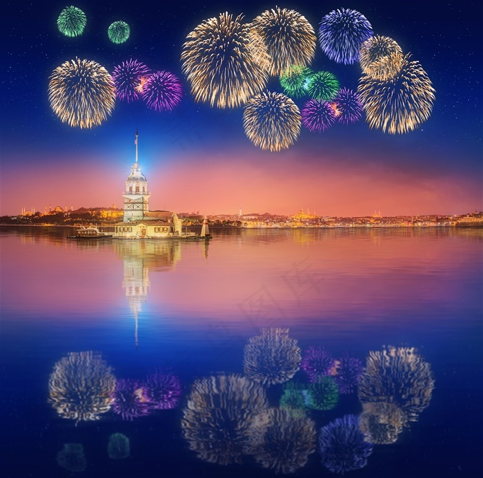 繁华都市城市夜景烟花