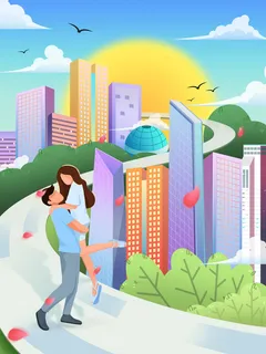 城市卡通爱情绘画PSD素材