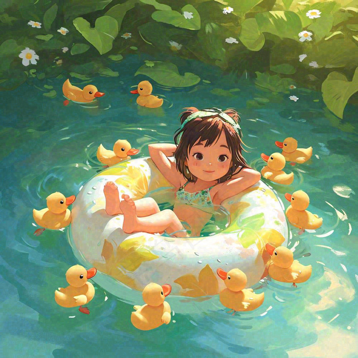 泳池游泳戏水池塘鸭子动物玩乐，阳光夏天暑期(1024x1024)