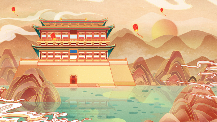 中国风国潮烫金仙鹤山水古建筑风景装饰插画背景PSD分层设计素材