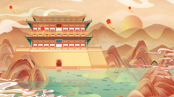 中国风国潮烫金仙鹤山水古建筑风景装饰插画背景PSD分层设计素材