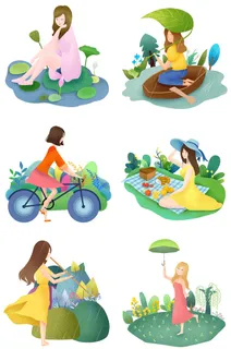 清明节青团卡通踏青人物男女孩放牛娃元素春季春游PSD设计PNG素材