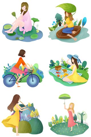 清明节青团卡通踏青人物男女孩放牛娃元素春季春游PSD设计PNG素材