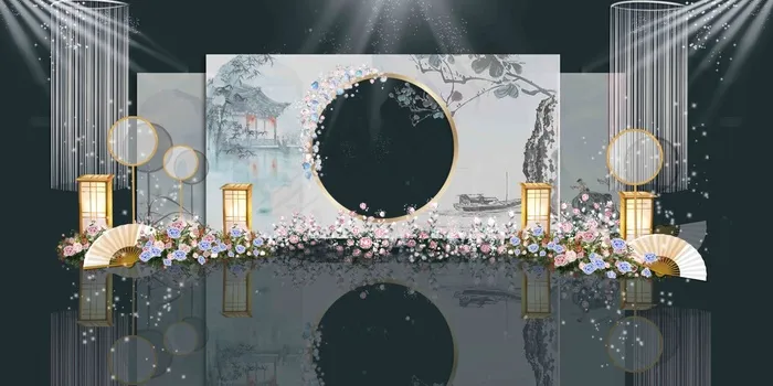 新中式蓝色清新婚礼迎宾区效果图psd模版下载