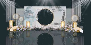 新中式蓝色清新婚礼迎宾区效果图