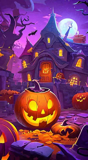 恐怖气氛万圣节南瓜屋子，西方节日卡通