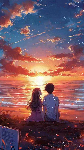 海边落日情人节情侣温馨爱情拥抱手绘插画