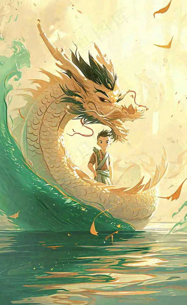 国风龙神话传说海面船只中国风插画(832x1354)