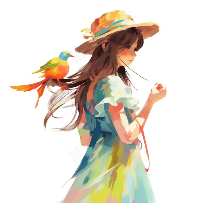 秋日美丽的少女油画插画免抠(1024x1024)